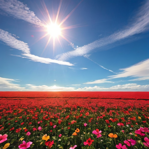 Vibrant red and pink flower field with blue sky