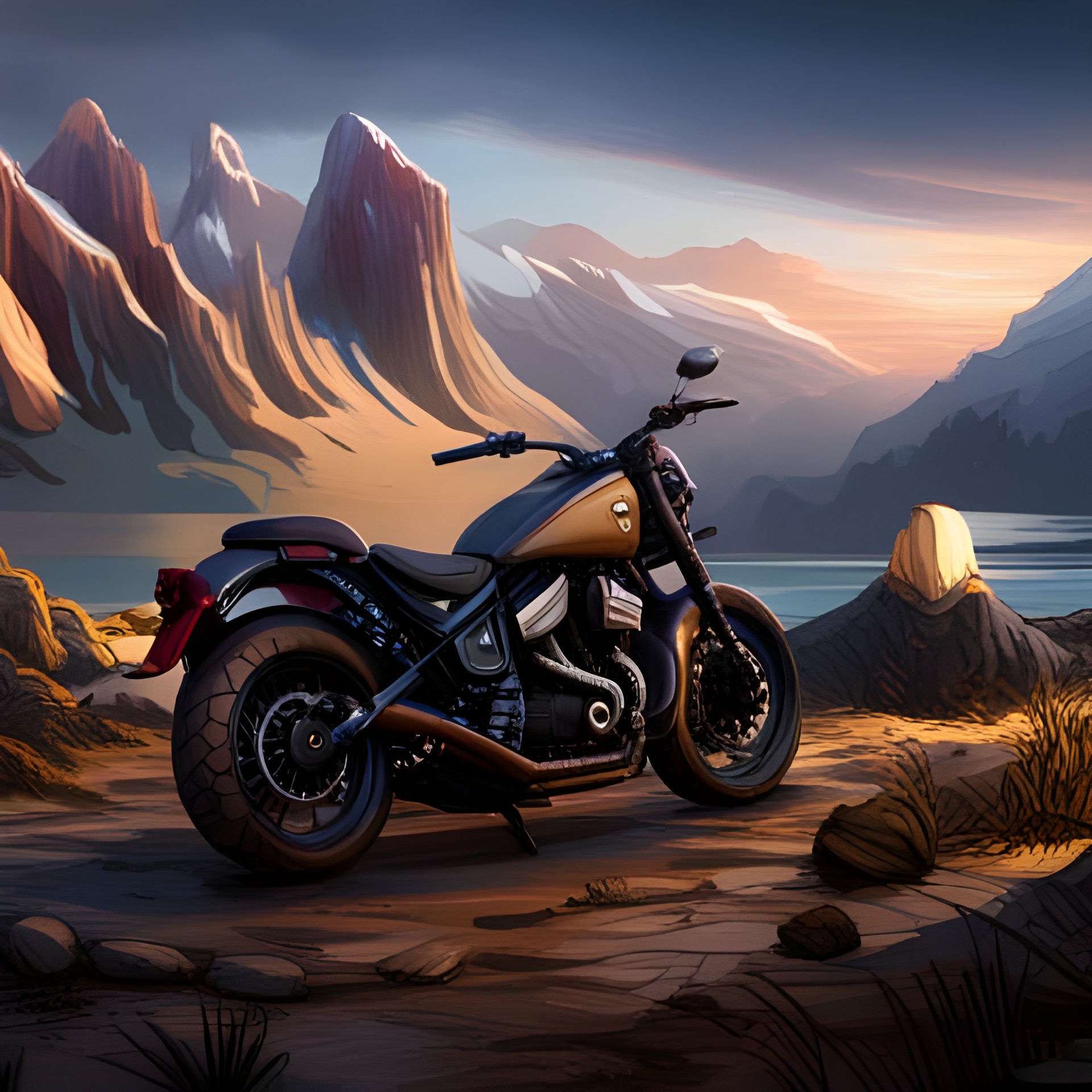 Motorcycle in mountain landscape at sunset
