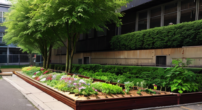 Urban garden planters in city setting